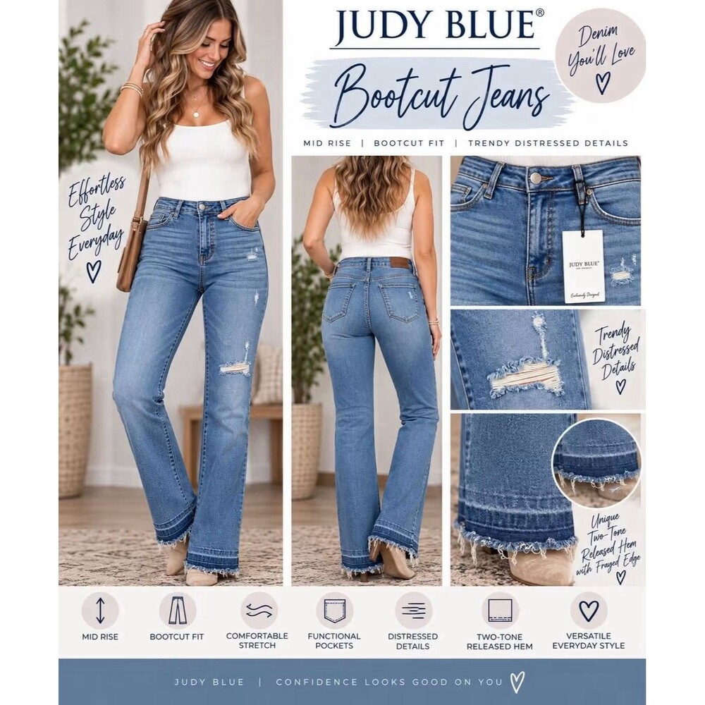 NWT Judy Blue Women’s Mid Rise Bootcut Jeans Distressed Light Wash Raw Hem 7/28